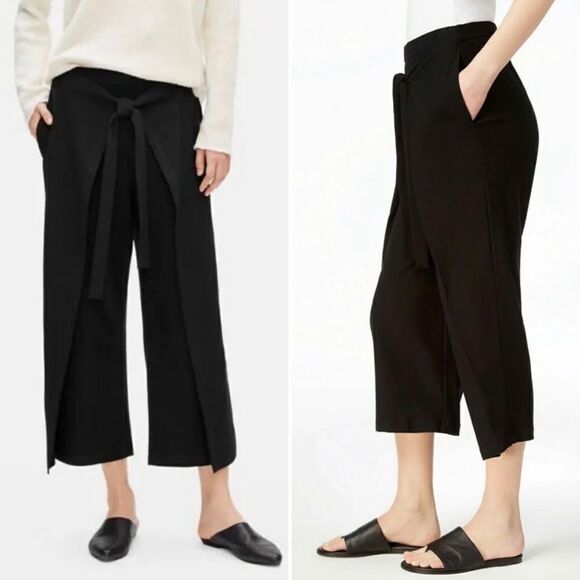 Eileen Fisher Tie-Front Overlay Wide Leg Culottes Crepe Crop Pants System Crepe - Picture 3 of 12